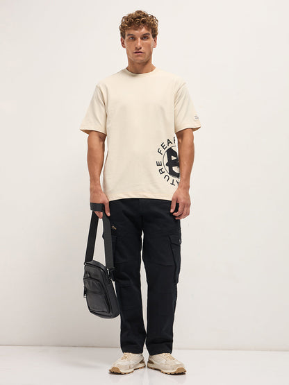 Cream Oversized Crew Neck T-Shirt with Side & Back Graphic Print