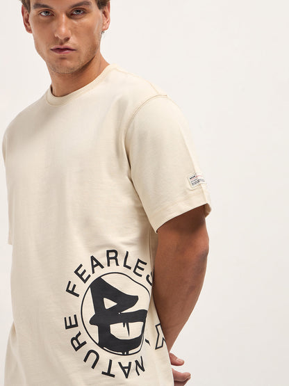 Cream Oversized Crew Neck T-Shirt with Side & Back Graphic Print