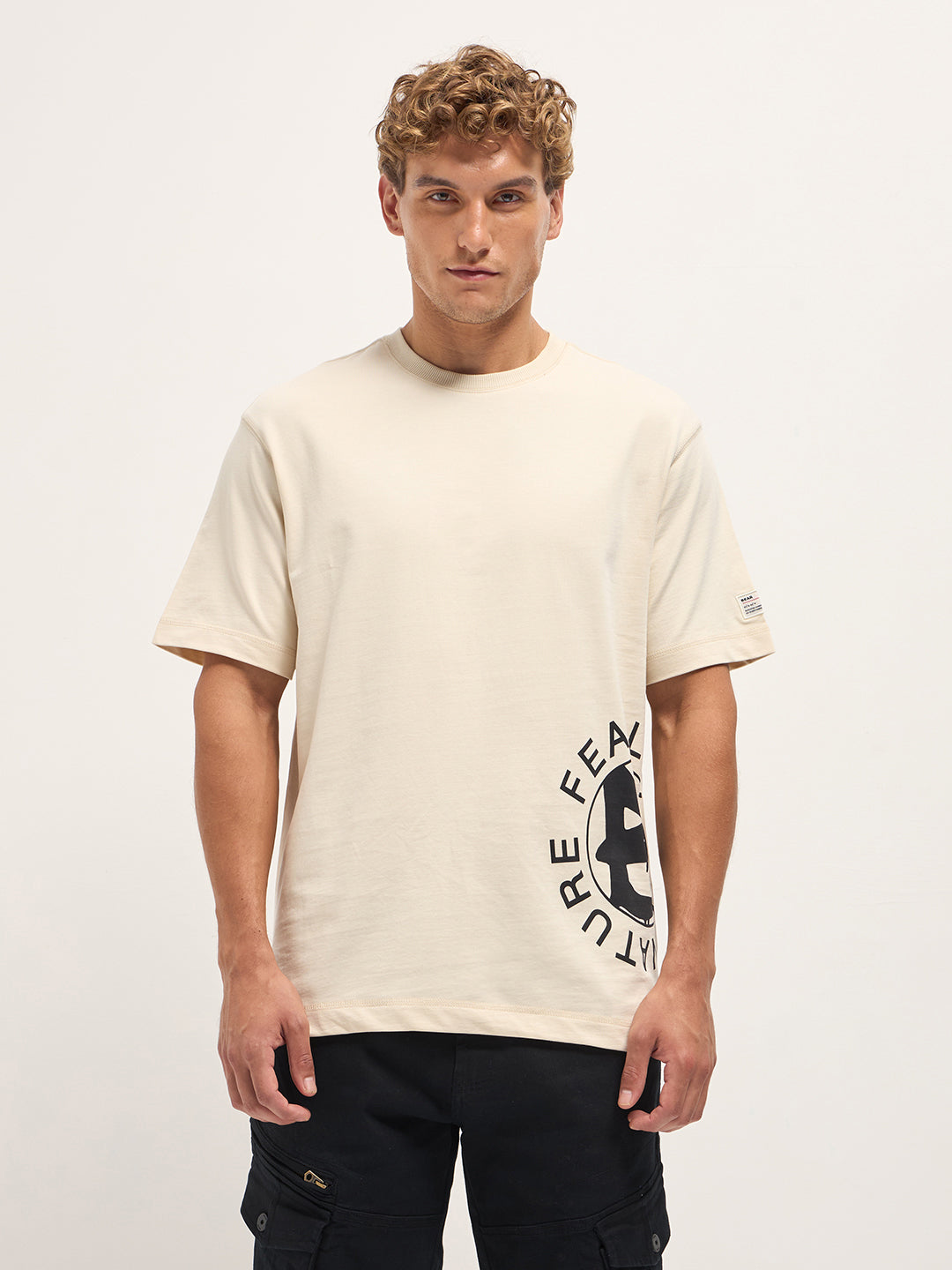 Cream Oversized Crew Neck T-Shirt with Side & Back Graphic Print