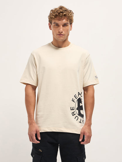 Cream Oversized Crew Neck T-Shirt with Side & Back Graphic Print