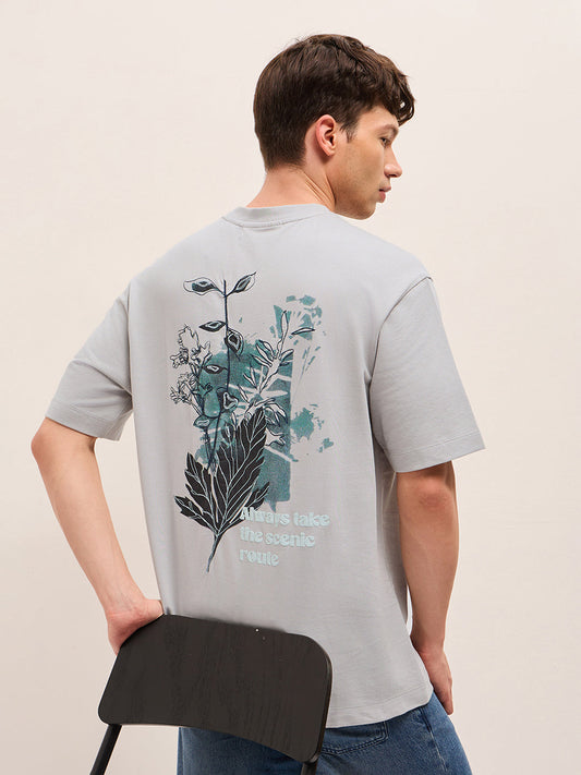 Grey Crew Neck Graphic Print T-Shirt with Floral Illustration on Back