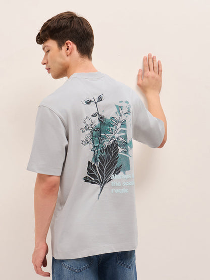 Grey Crew Neck Graphic Print T-Shirt with Floral Illustration on Back