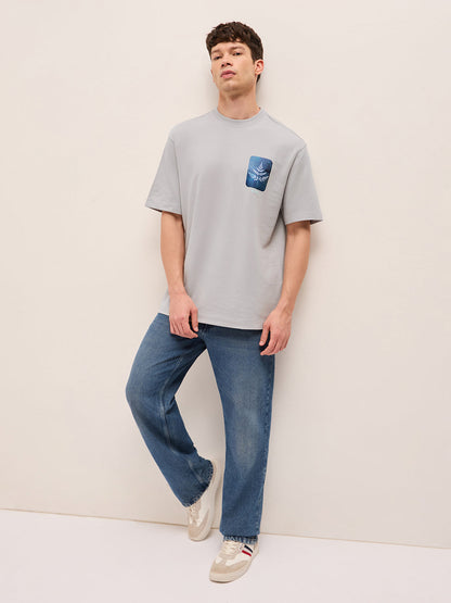 Grey Crew Neck Graphic Print T-Shirt with Floral Illustration on Back