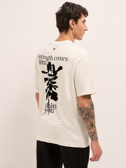 Cream Oversized Crew Neck T-Shirt with Motivational Abstract Graphic Print