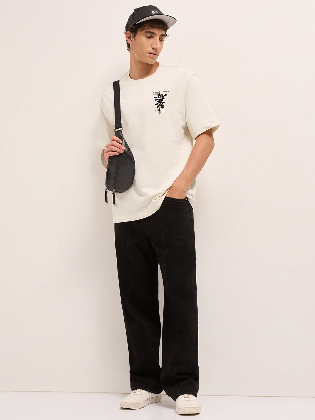 Cream Oversized Crew Neck T-Shirt with Motivational Abstract Graphic Print