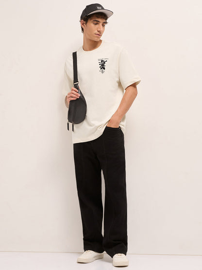 Cream Oversized Crew Neck T-Shirt with Motivational Abstract Graphic Print