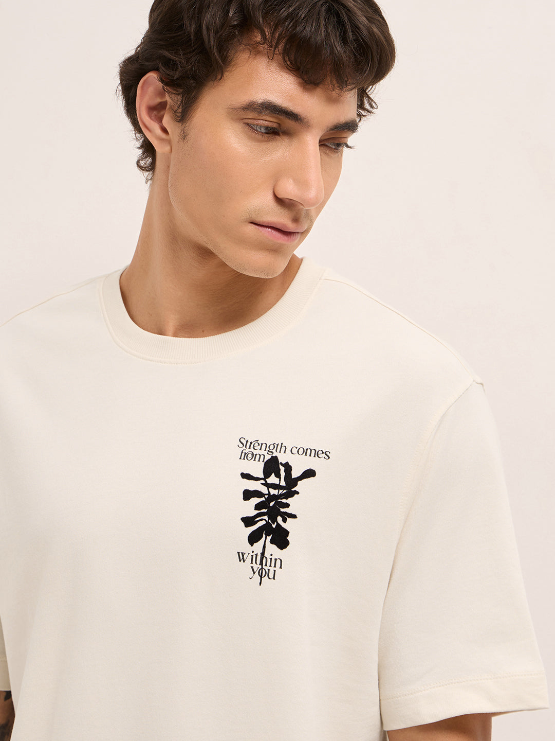 Cream Oversized Crew Neck T-Shirt with Motivational Abstract Graphic Print
