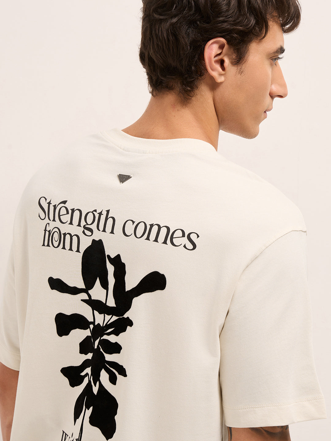 Cream Oversized Crew Neck T-Shirt with Motivational Abstract Graphic Print