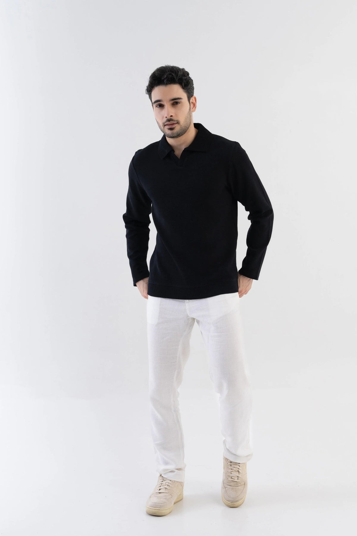 Men's Ottoman Rib Knit Matt Black Polo Vellure