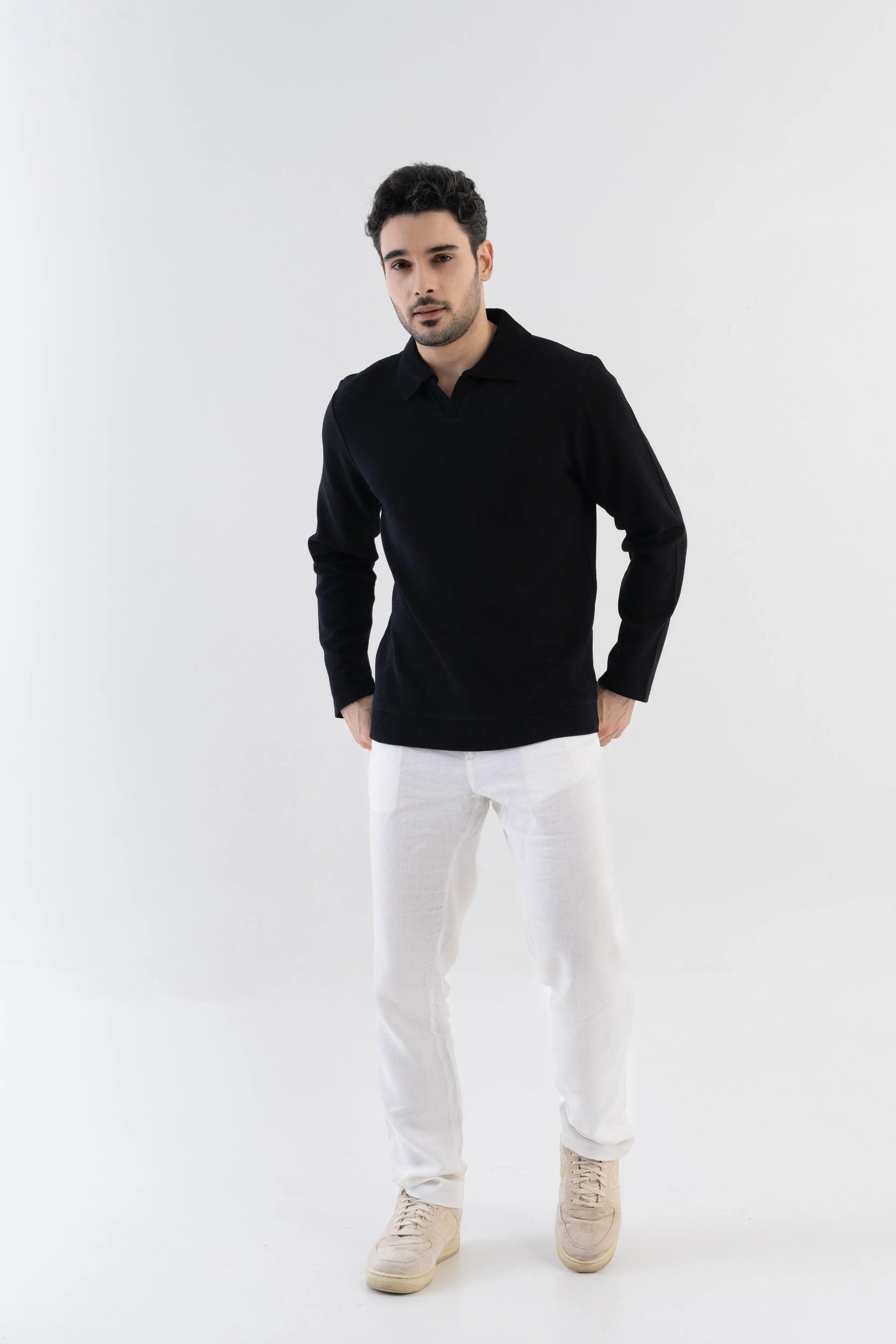 Men's Ottoman Rib Knit Matt Black Polo Vellure
