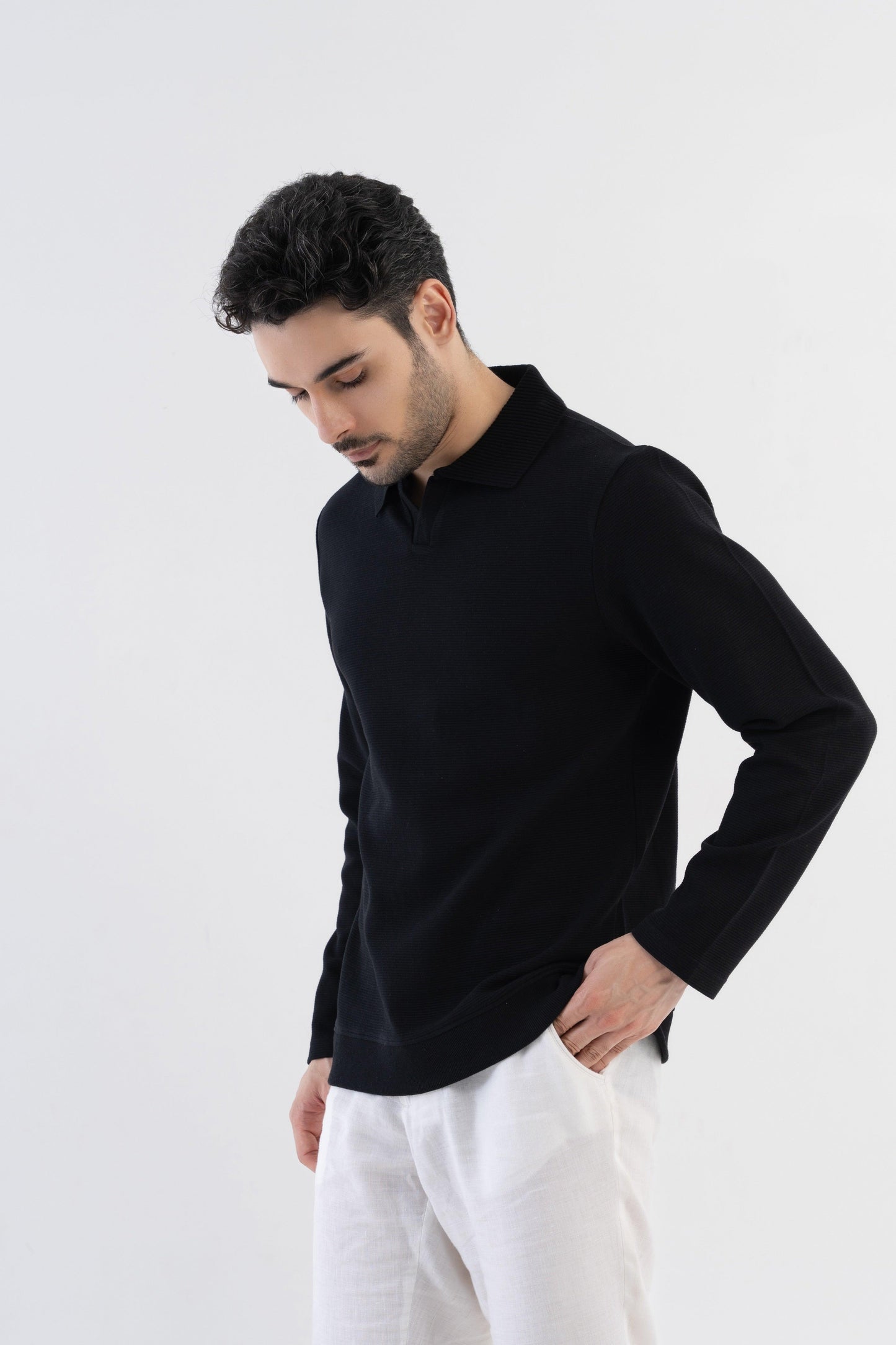 Men's Ottoman Rib Knit Matt Black Polo