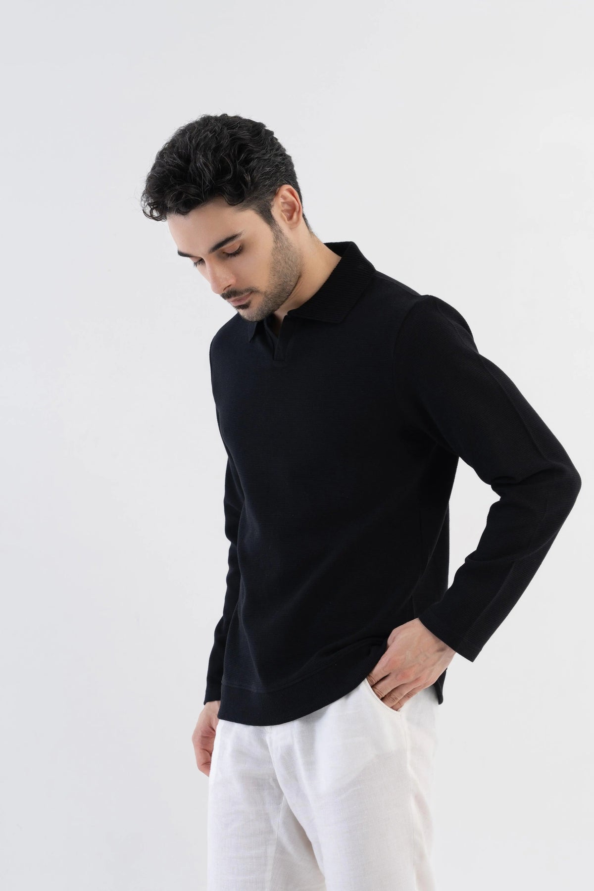 Men's Ottoman Rib Knit Matt Black Polo Vellure