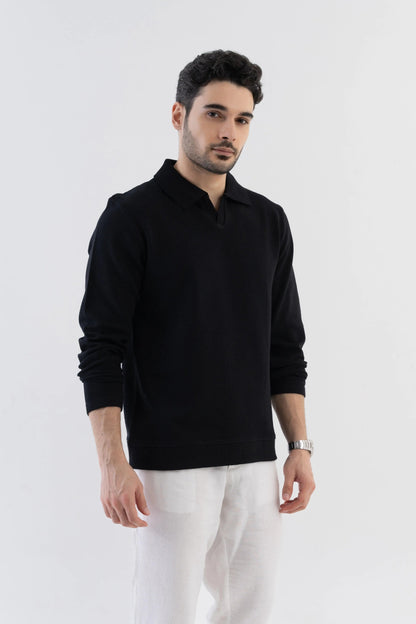 Men's Ottoman Rib Knit Matt Black Polo Vellure