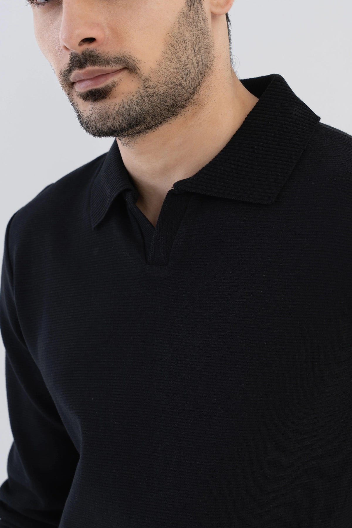 Men's Ottoman Rib Knit Matt Black Polo Vellure