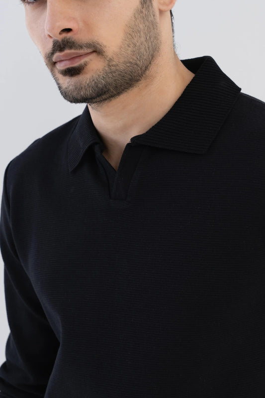 Men's Ottoman Rib Knit Matt Black Polo Vellure