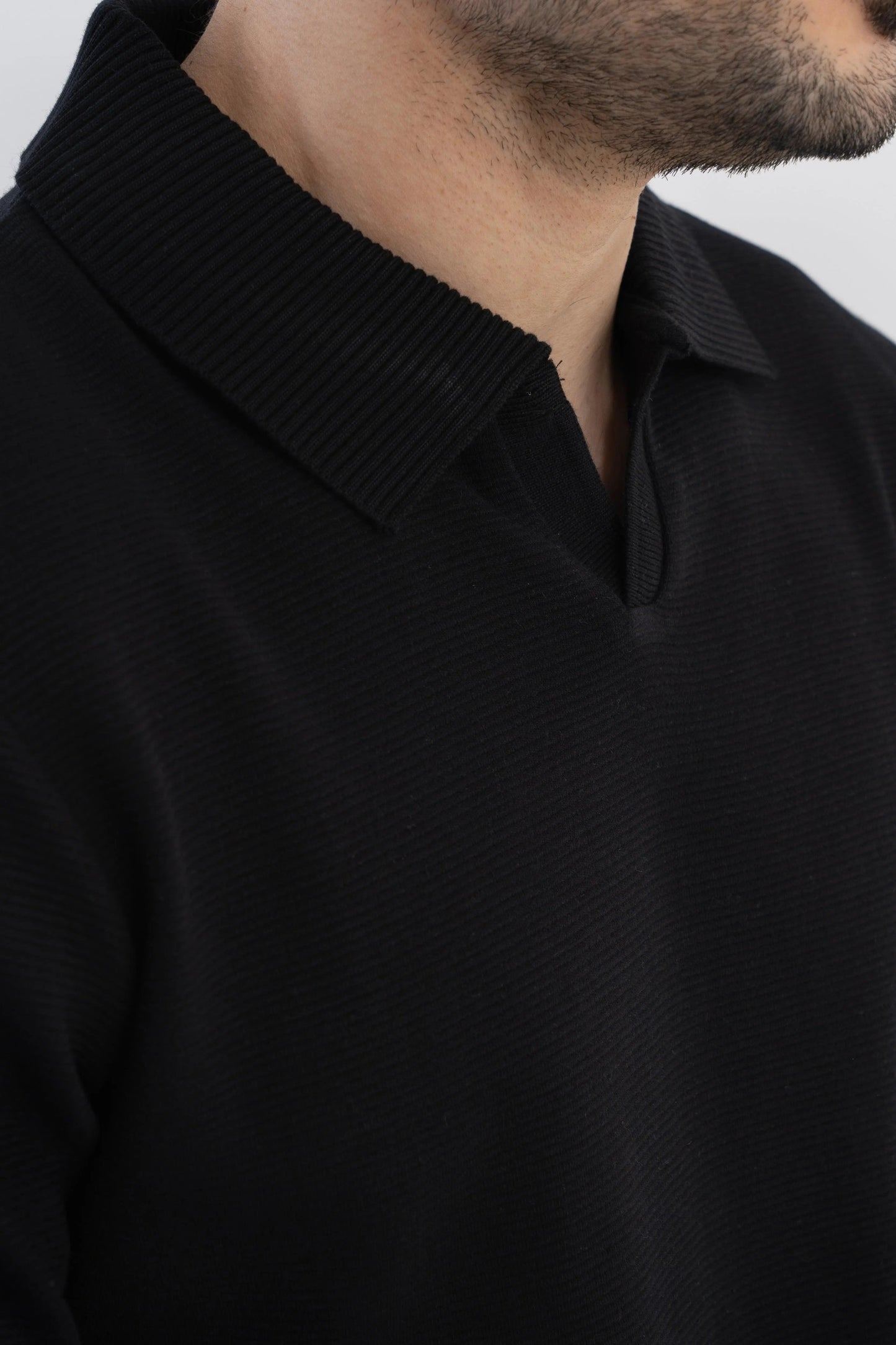 Men's Ottoman Rib Knit Matt Black Polo Vellure
