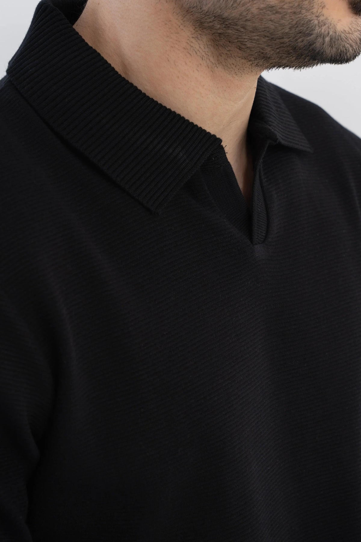 Men's Ottoman Rib Knit Matt Black Polo Vellure