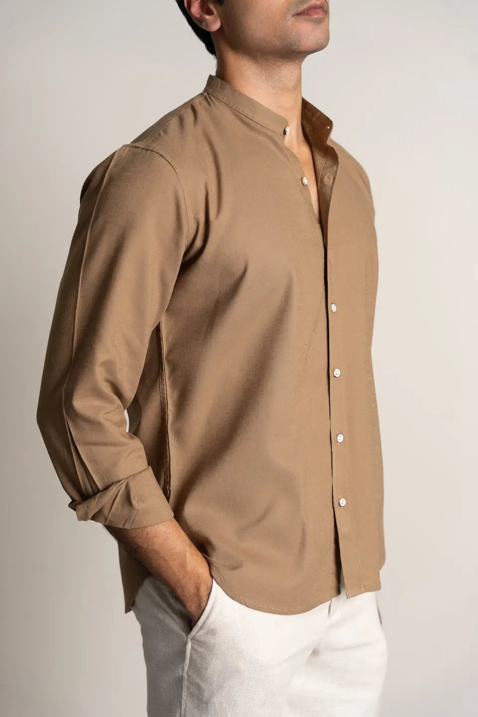 Men's Linen Mandarin Neck Mocha Dust Shirt Vellure