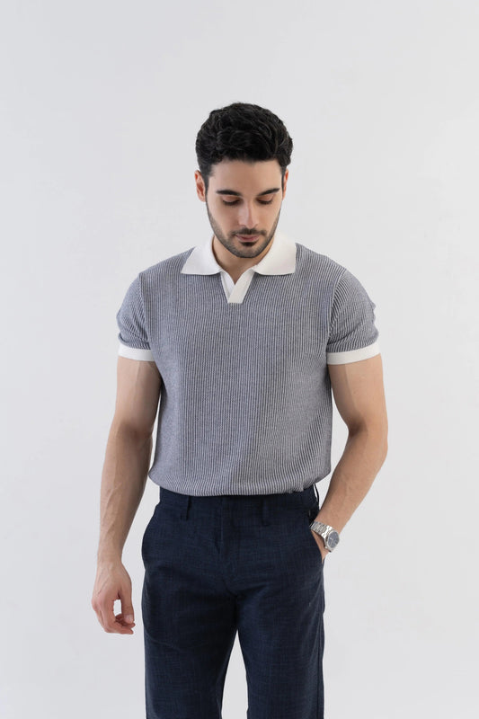 Men's Jacquard Knitted Navy & White Polo Vellure