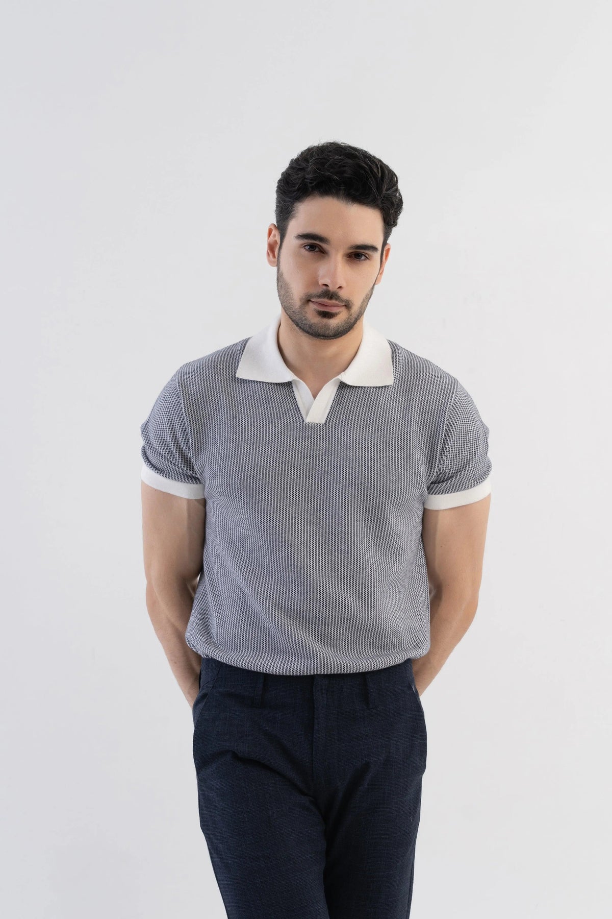 Men's Jacquard Knitted Navy & White Polo Vellure