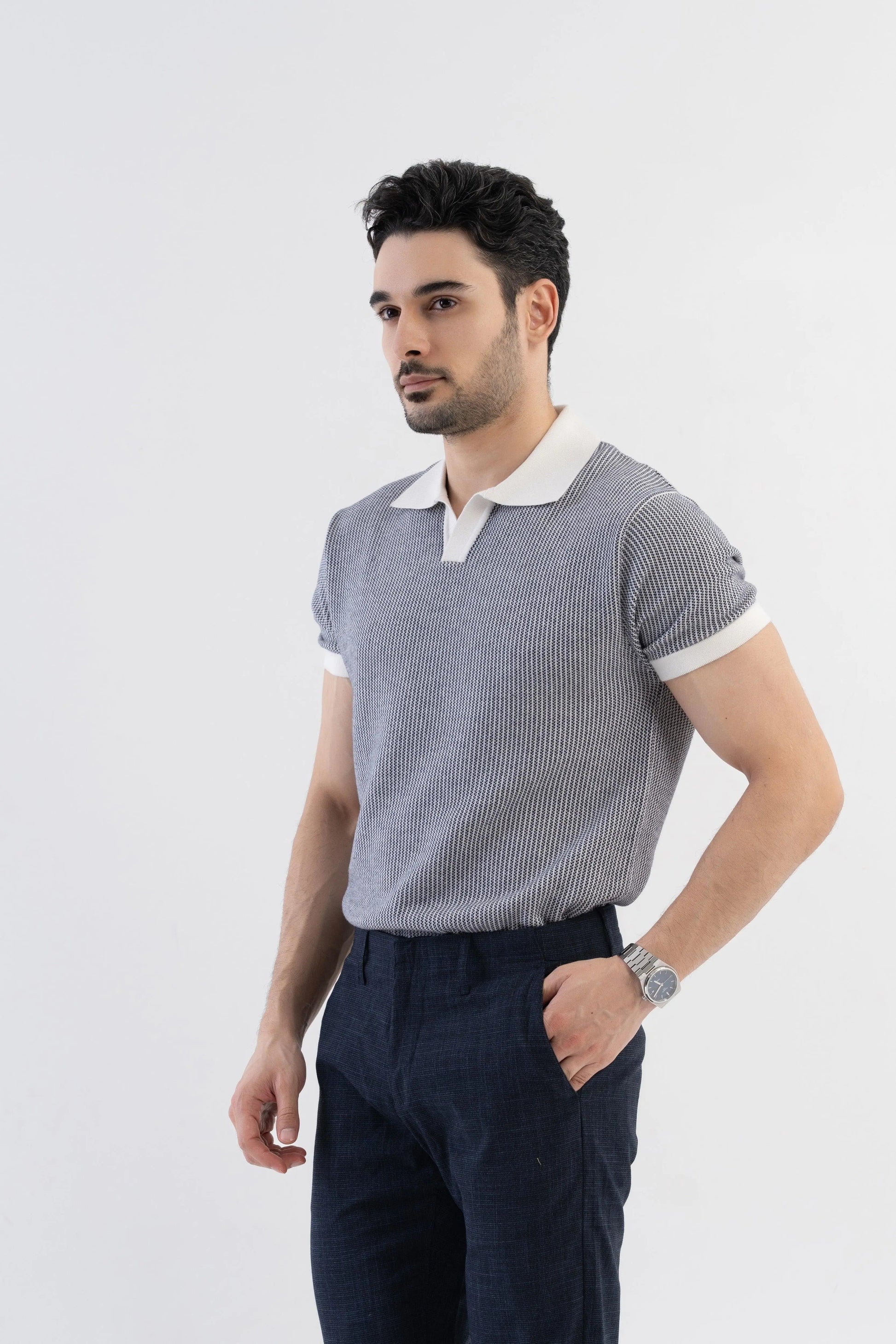 Men's Jacquard Knitted Navy & White Polo Vellure
