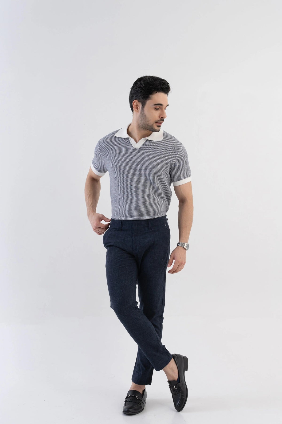 Men's Jacquard Knitted Navy & White Polo Vellure