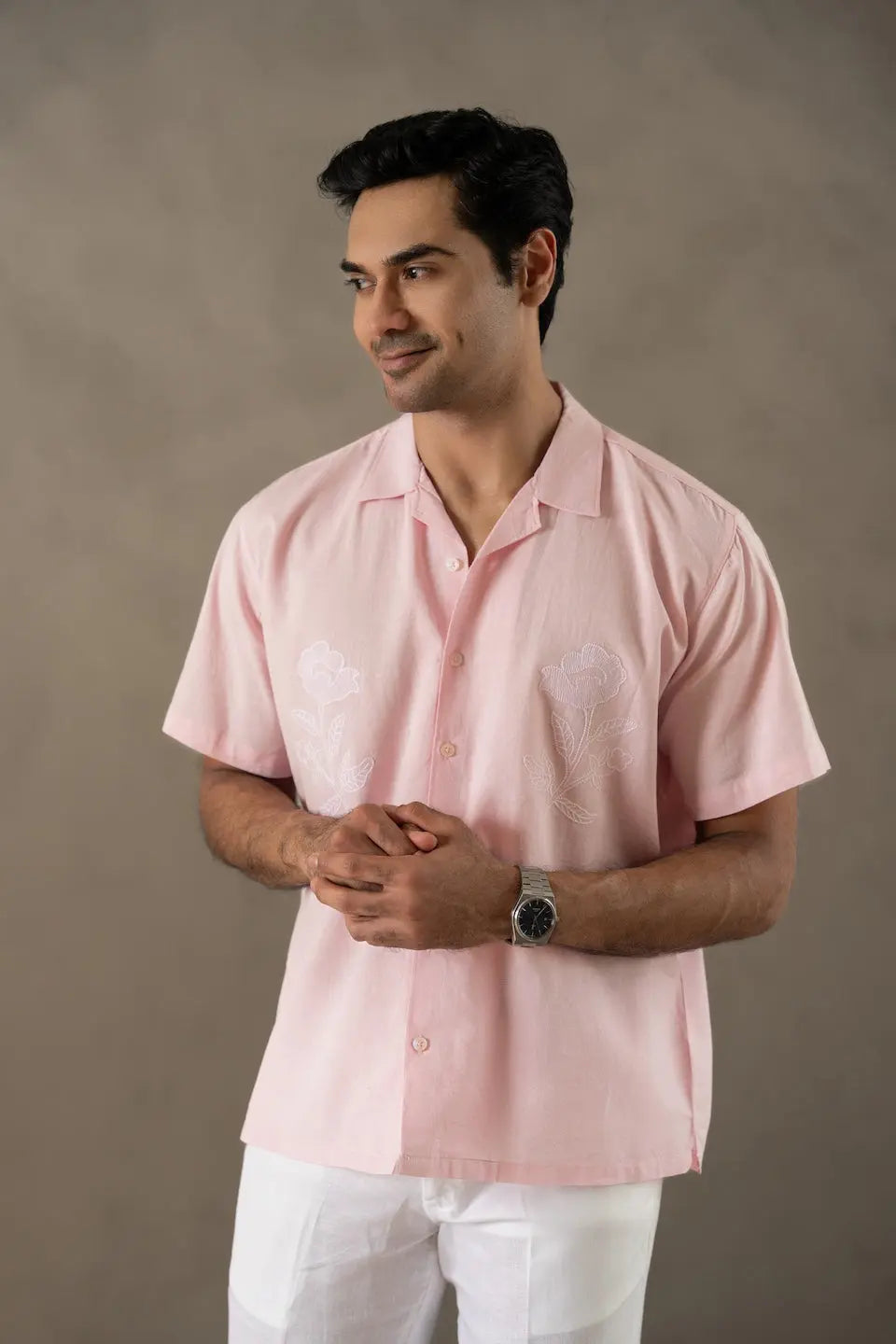 Men's Box-Fit Embroidered Linen Pearl Pink Shirt Vellure