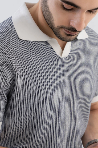 Men's Jacquard Knitted Navy & White Polo Vellure