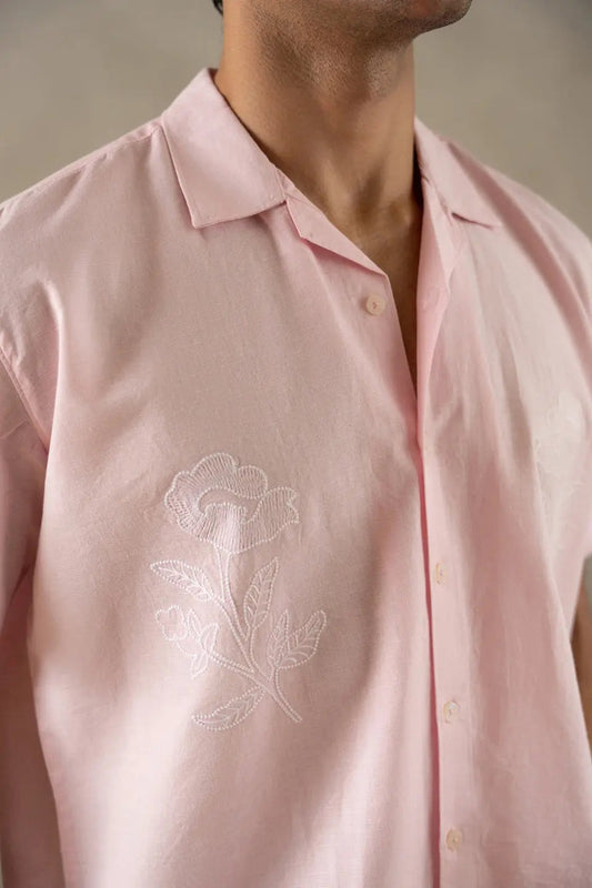 Men's Box-Fit Embroidered Linen Pearl Pink Shirt Vellure