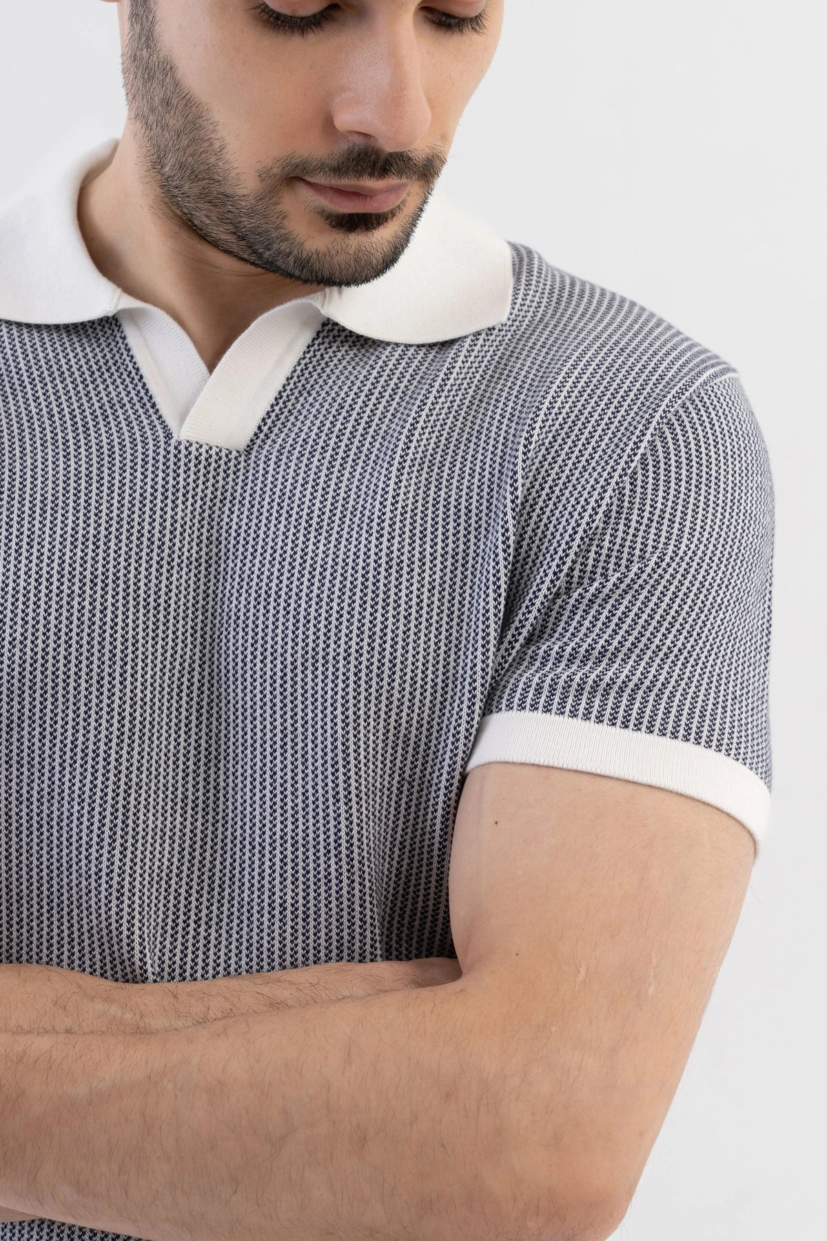 Men's Jacquard Knitted Navy & White Polo Vellure