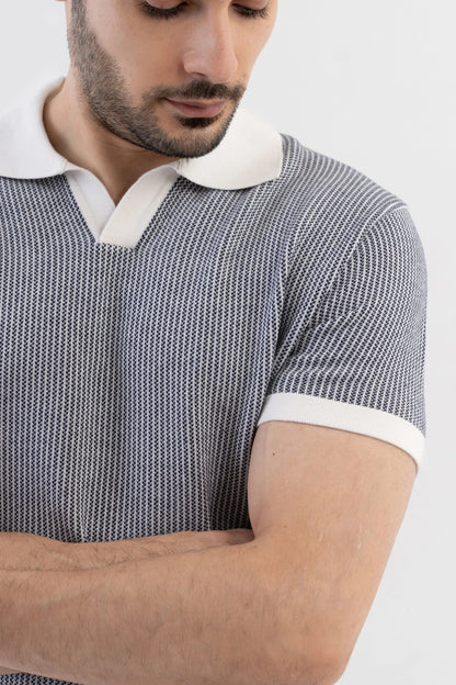 Men's Jacquard Knitted Navy & White Polo Vellure
