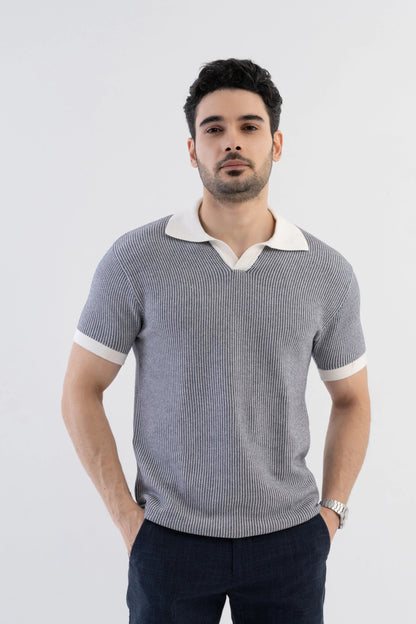 Men's Jacquard Knitted Navy & White Polo Vellure