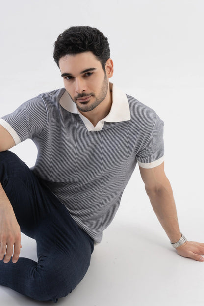 Men's Jacquard Knitted Navy & White Polo Vellure