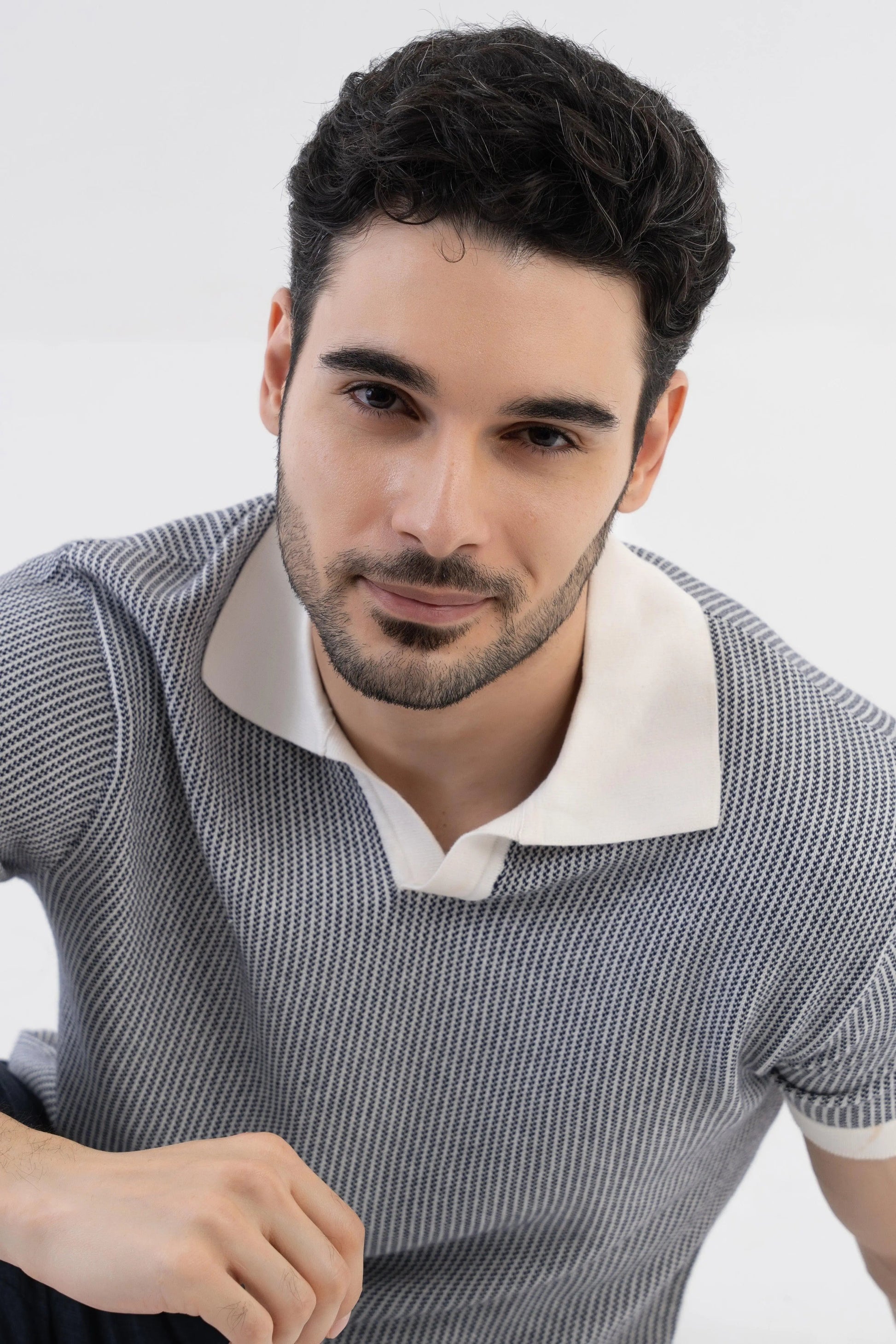 Men's Jacquard Knitted Navy & White Polo Vellure