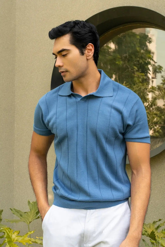 Men Knitted Azure Blue Polo Vellure