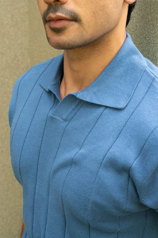 Men Knitted Azure Blue Polo Vellure