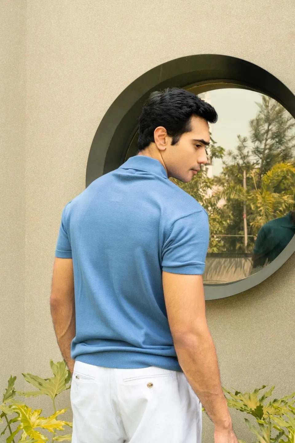 Men Knitted Azure Blue Polo Vellure