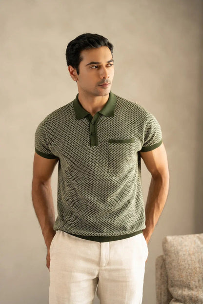 Men's Jacquard Knit Moss Matrix Polo Vellure