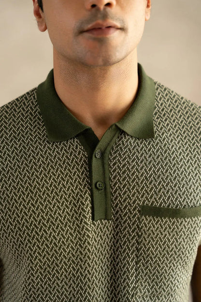 Men's Jacquard Knit Moss Matrix Polo Vellure