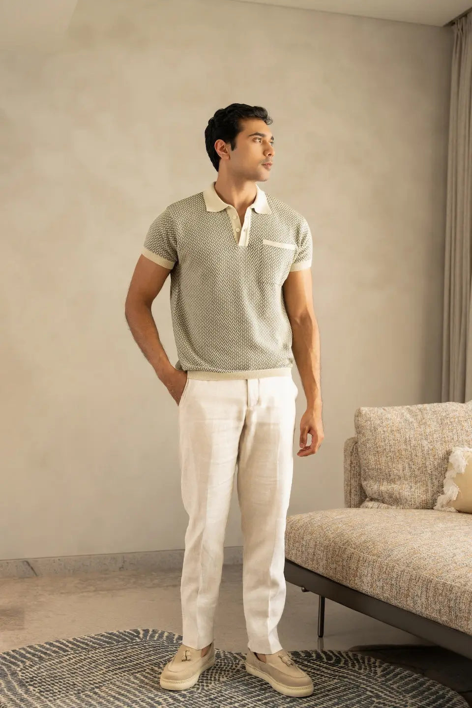 Men's Jacquard Knit Ivory Matrix Polo Vellure