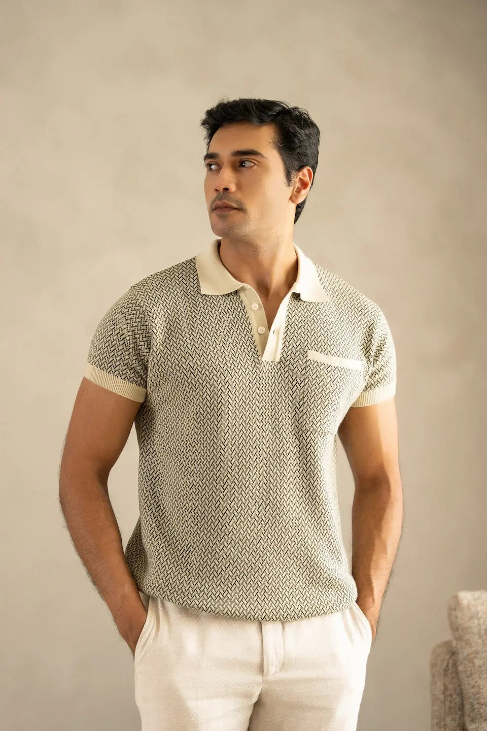 Men's Jacquard Knit Ivory Matrix Polo Vellure