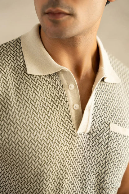 Men's Jacquard Knit Ivory Matrix Polo Vellure