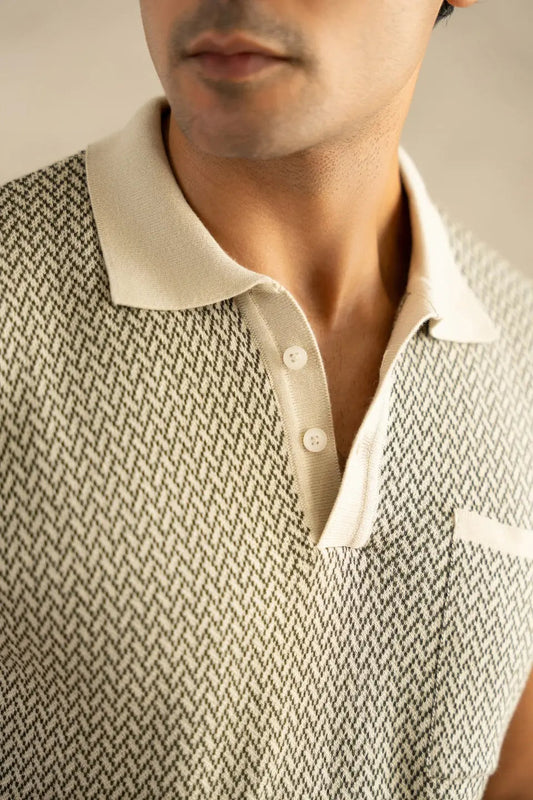 Men's Jacquard Knit Ivory Matrix Polo Vellure