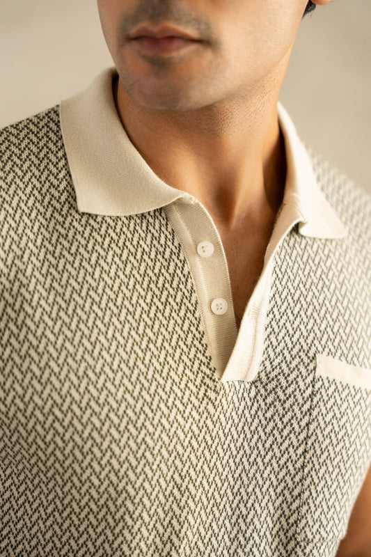 Men's Jacquard Knit Ivory Matrix Polo