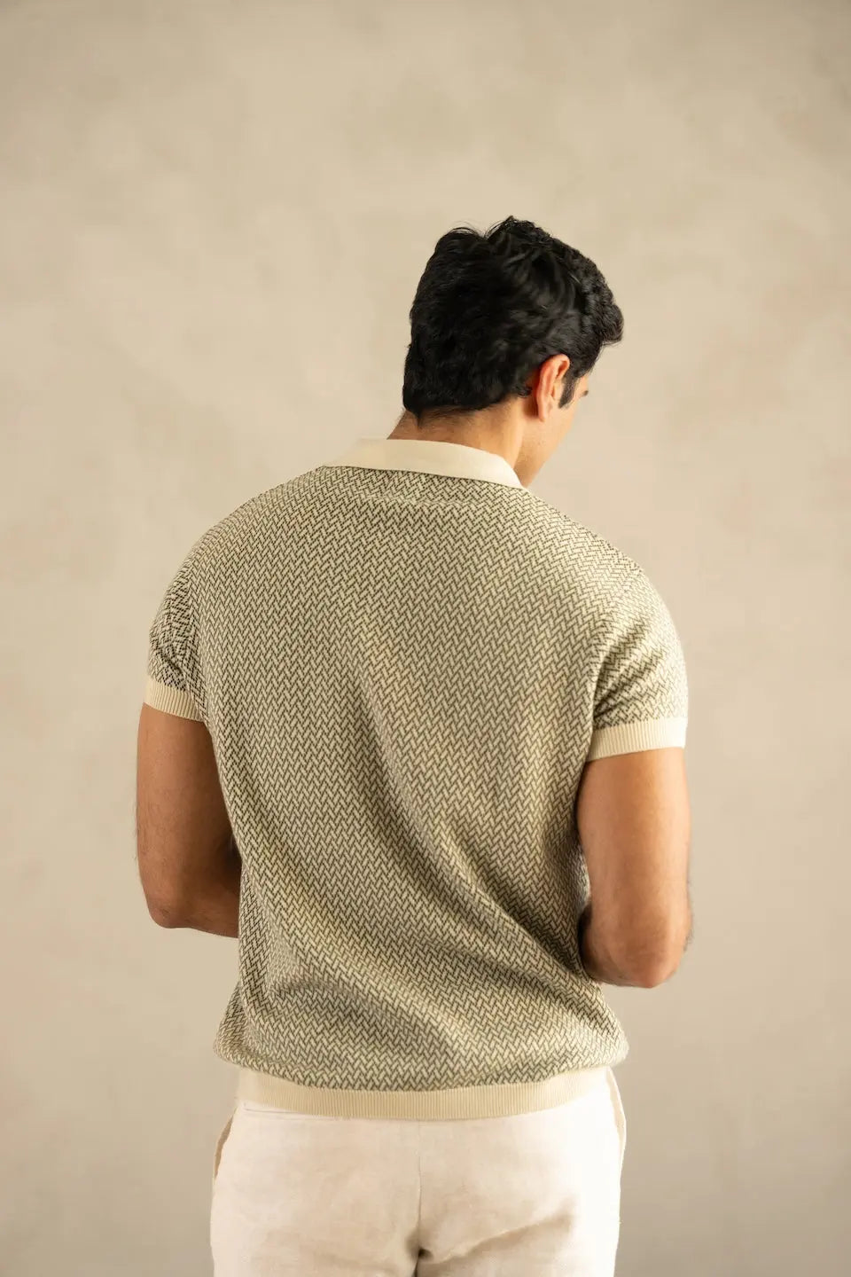 Men's Jacquard Knit Ivory Matrix Polo Vellure