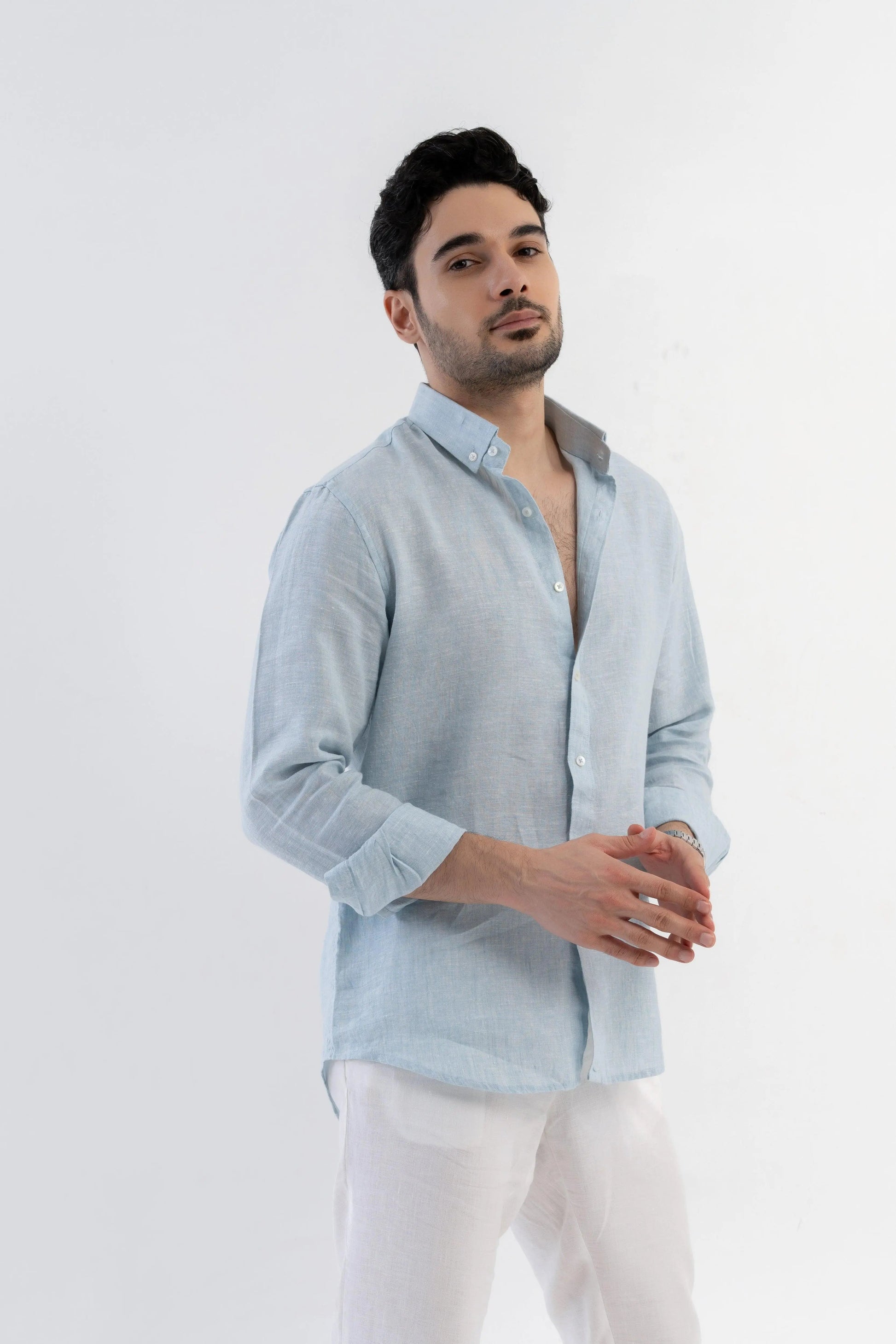 Men's Linen Soft Touch Frosty Blue Shirt Vellure