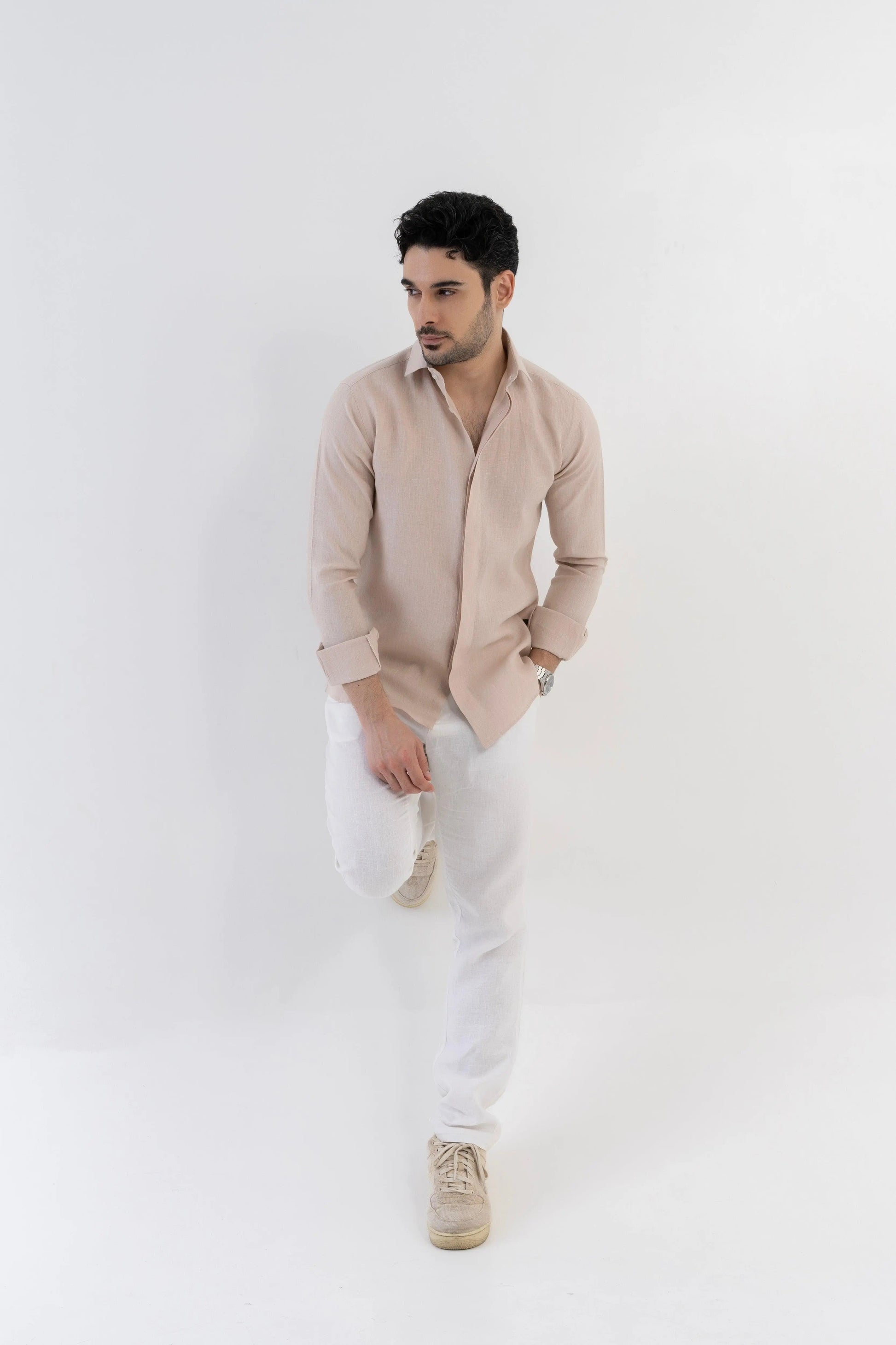 Men's Linen Soft Touch Relaxed Fit Beige Shirt Vellure
