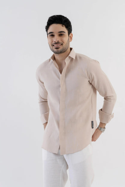 Men's Linen Soft Touch Relaxed Fit Beige Shirt Vellure