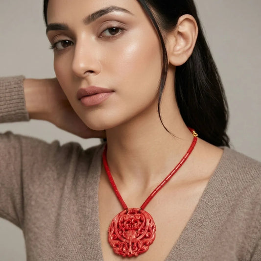 Red Stone Carved Medallion Beaded Pendant Necklace For Women