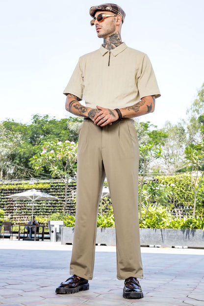 Beige Baggy fit Street Savvy Double Pleated Korean Trousers